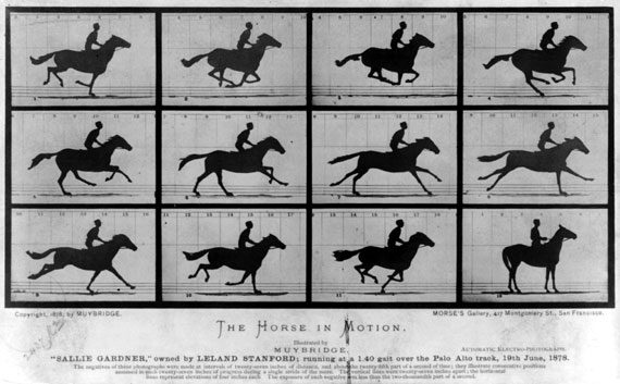 1878 Eadweard Muybridge first animated his racehorse images with his zoopraxiscope